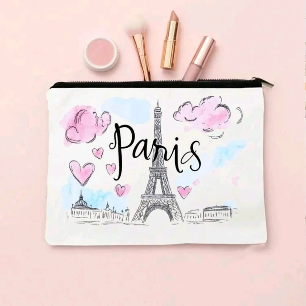 Paris Eiffel Tower Themed White Pink Zip Pouch Purse